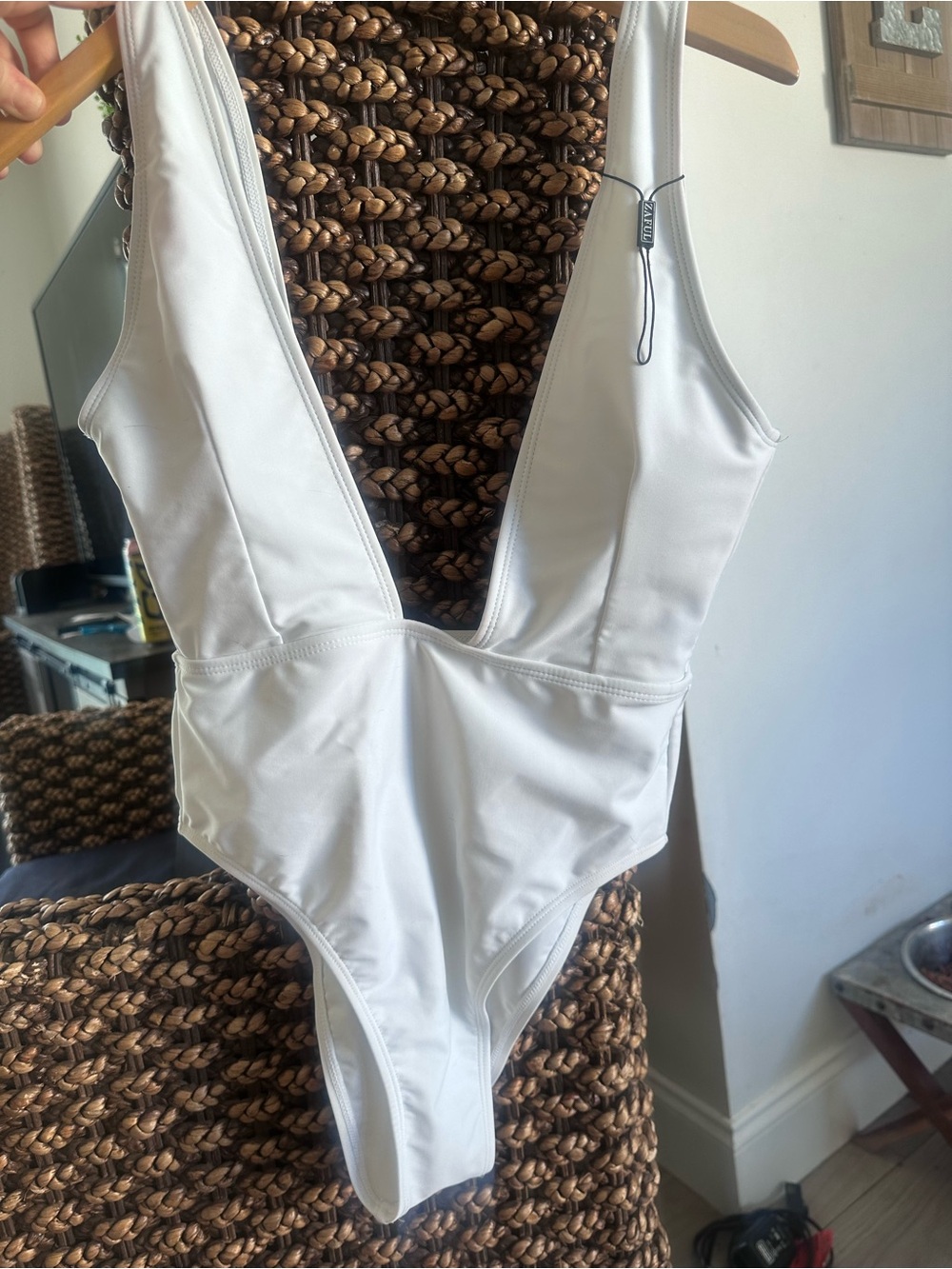 Zaful White Deep V One-Piece Swimsuit